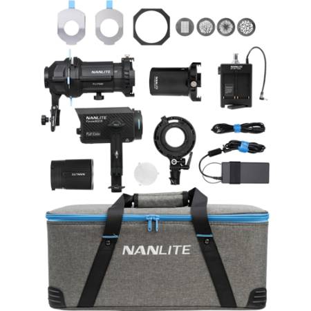 Nanlite Forza 60CR + PJ-FMM - zestaw, lampa LED, RGBLAC, 1800-20000K + strumienica optyczna - zawartość